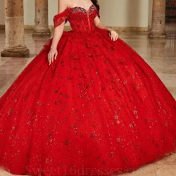 Off The Shoulder Red Quinceanera Dress Ball Gown Applique Beaded Crystals Tull Tiered Mexico Sweet 16 Vestidos De 15