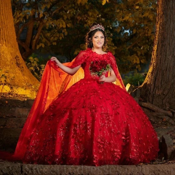 Off The Shoulder Red Quinceanera Dresses Ball Gown Appliques Lace Handmade Flowers Beads With Cape Sweet 15