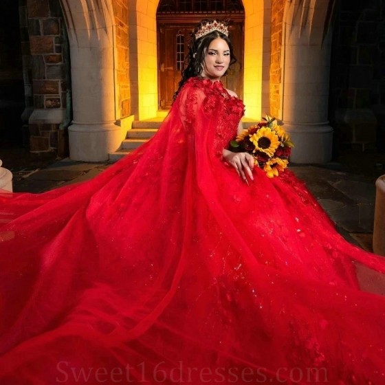 Off The Shoulder Red Quinceanera Dresses Ball Gown Appliques Lace Handmade Flowers Beads With Cape Sweet 15