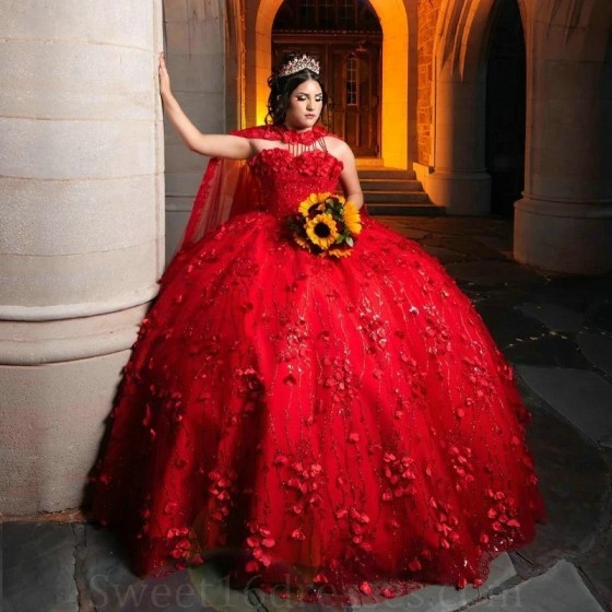 Off The Shoulder Red Quinceanera Dresses Ball Gown Appliques Lace Handmade Flowers Beads With Cape Sweet 15