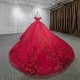 Off The Shoulder Red Quinceanera Dresses Princess Prom Gown Tulle Lace Up Appliques Flower Sweet 15 16 Dress Balll Gwon