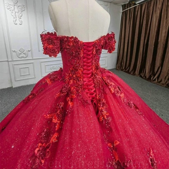 Off The Shoulder Red Quinceanera Dresses Princess Prom Gown Tulle Lace Up Appliques Flower Sweet 15 16 Dress Balll Gwon