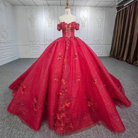 Off The Shoulder Red Quinceanera Dresses Princess Prom Gown Tulle Lace Up Appliques Flower Sweet 15 16 Dress Balll Gwon