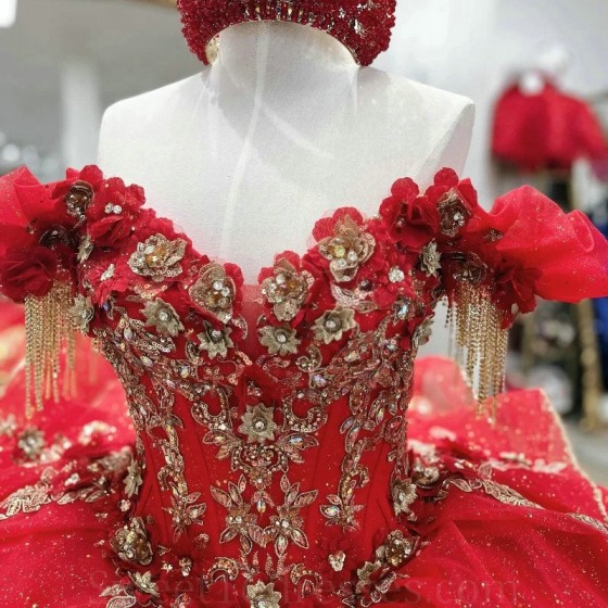 Off The Shoulder Red Shiny Quinceanera Dresses Gold Lace Applique Beading Tull Mexican Corset Sweet 16 Vestidos De 15 Anos