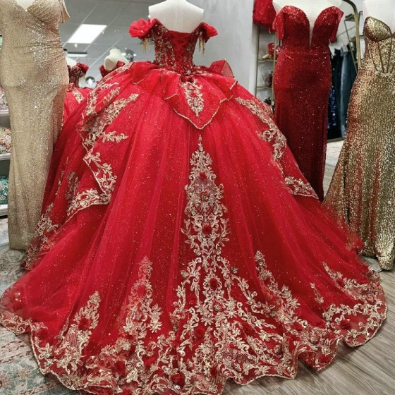 Off The Shoulder Red Shiny Quinceanera Dresses Gold Lace Applique Beading Tull Mexican Corset Sweet 16 Vestidos De 15 Anos