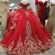 Off The Shoulder Red Shiny Quinceanera Dresses Gold Lace Applique Beading Tull Mexican Corset Sweet 16 Vestidos De 15 Anos