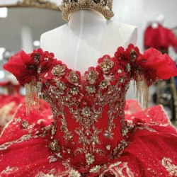 Off The Shoulder Red Shiny Quinceanera Dresses Gold Lace Applique Beading Tull Mexican Corset Sweet 16 Vestidos De 15 Anos