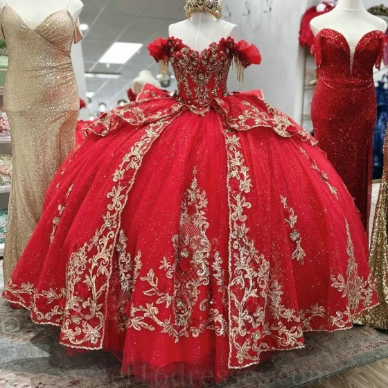 Off The Shoulder Red Shiny Quinceanera Dresses Gold Lace Applique Beading Tull Mexican Corset Sweet 16 Vestidos De 15 Anos