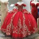 Off The Shoulder Red Shiny Quinceanera Dresses Gold Lace Applique Beading Tull Mexican Corset Sweet 16 Vestidos De 15 Anos