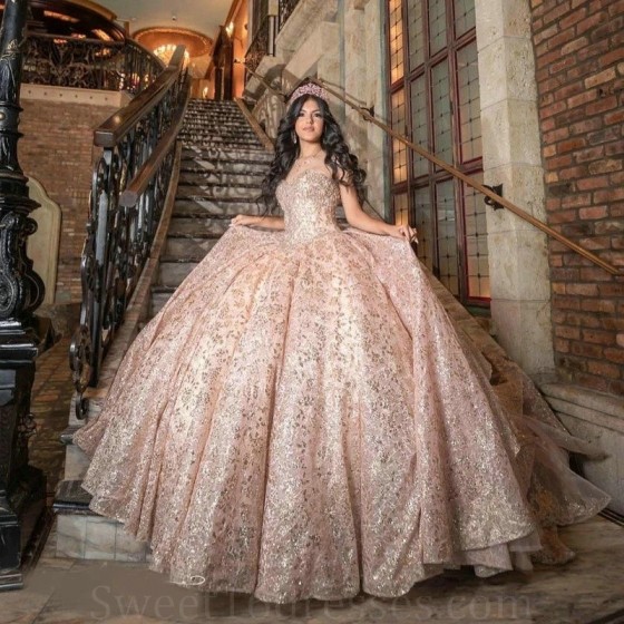 Off The Shoulder Rose Gold Sparkly Crystal Appliques Bow Quinceanera Dresses Ball Gown Beading Sweet Vestidos De 15 Girls 2024