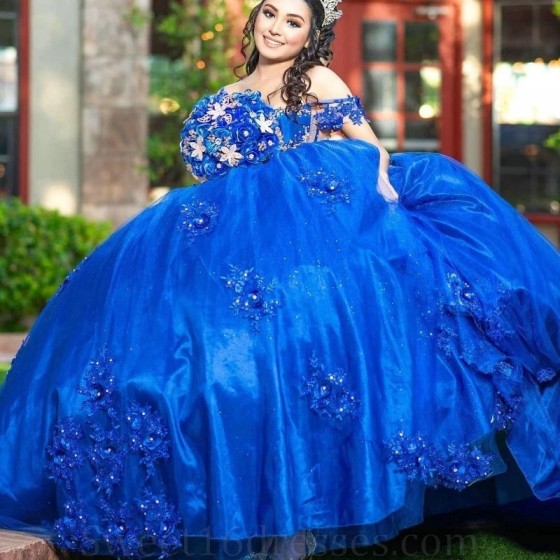 Off The Shoulder Royal Blue 3D Flowers Bow Ball Gown Quinceanera Dresses Appliques Lace Sweet 16 Corset Vestido De 15 Anos