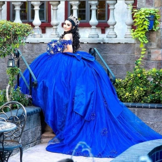 Off The Shoulder Royal Blue 3D Flowers Bow Ball Gown Quinceanera Dresses Appliques Lace Sweet 16 Corset Vestido De 15 Anos