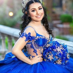 Off The Shoulder Royal Blue 3D Flowers Bow Ball Gown Quinceanera Dresses Appliques Lace Sweet 16 Corset Vestido De 15 Anos