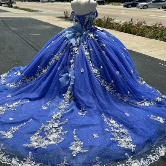 Off The Shoulder Royal Blue Quinceanera Dress 2024 Princess Party Gown Beaded Appliques Lace Tull Corset Sweet 16 Vestido De 15