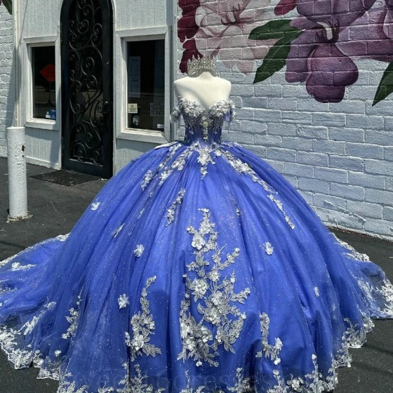 Off The Shoulder Royal Blue Quinceanera Dress 2024 Princess Party Gown Beaded Appliques Lace Tull Corset Sweet 16 Vestido De 15