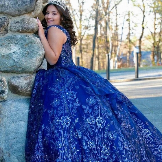 Off The Shoulder Royal Blue Shiny Beading Quinceanera Dresses Ball Gown Applique Flowers Crystal Corset Sweet Party Wear vestid