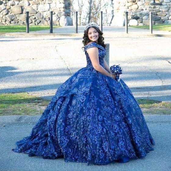 Off The Shoulder Royal Blue Shiny Beading Quinceanera Dresses Ball Gown Applique Flowers Crystal Corset Sweet Party Wear vestid