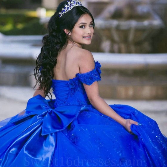 Off The Shoulder Royal Blue Shiny Quinceanera Dress Princess Beads Crystal Tull Sweet 16 Birthday Party Gown Vestido De 15 Anos