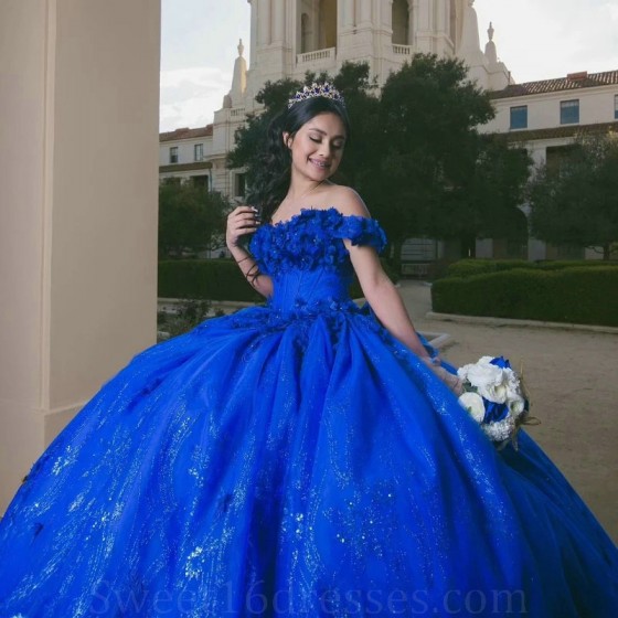 Off The Shoulder Royal Blue Shiny Quinceanera Dress Princess Beads Crystal Tull Sweet 16 Birthday Party Gown Vestido De 15 Anos