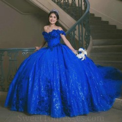 Off The Shoulder Royal Blue Shiny Quinceanera Dress Princess Beads Crystal Tull Sweet 16 Birthday Party Gown Vestido De 15 Anos