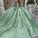 Off The Shoulder Sage Green Shiny Quinceanera Dress Ball Gown Applique Lace Beading Tull Corset Sweet 16 Vestidos De XV 15 Anos