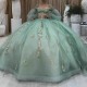 Off The Shoulder Sage Green Shiny Quinceanera Dress Ball Gown Applique Lace Beading Tull Corset Sweet 16 Vestidos De XV 15 Anos