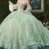 Off The Shoulder Sage Green Shiny Quinceanera Dress Ball Gown Appliques Lace Beads Crystal Tull Sweet 16 Vestidos De 15 Anos