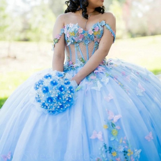 Off The Shoulder Sky Blue Mexican 2024 Quinceanera Dress Applique Bow Crystal Ball Gown Sweet 16 Formsl Vestidos 15 De XV Anos