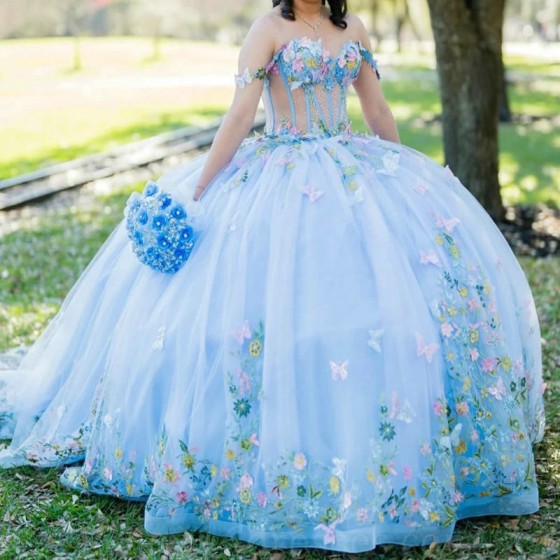 Off The Shoulder Sky Blue Mexican 2024 Quinceanera Dress Applique Bow Crystal Ball Gown Sweet 16 Formsl Vestidos 15 De XV Anos