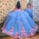 Off The Shoulder Sky Blue Princess Quinceanera Dresses Ball Gown Tulle Pink Applique Flower Sweet 16 Dresses 15 Anos Mexican