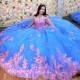 Off The Shoulder Sky Blue Princess Quinceanera Dresses Ball Gown Tulle Pink Applique Flower Sweet 16 Dresses 15 Anos Mexican