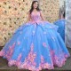 Off The Shoulder Sky Blue Princess Quinceanera Dresses Ball Gown Tulle Pink Applique Flower Sweet 16 Dresses 15 Anos Mexican