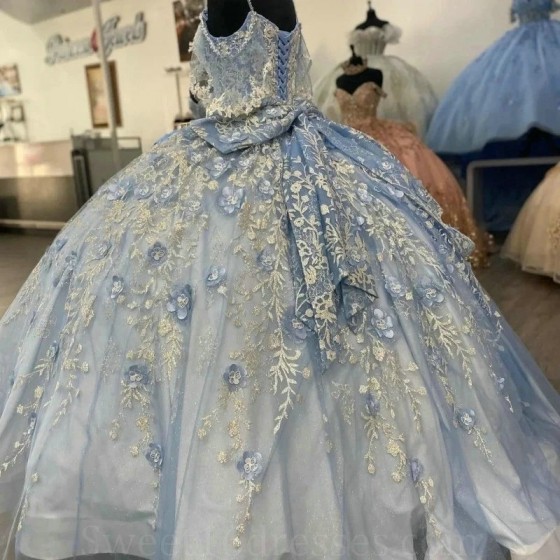 Off The Shoulder Sky Blue Quinceanera Dress Appliques Flower Beads Birthday Party Gowns Graduation Sweet 16 Vestidos De 15 Anos