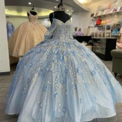 Off The Shoulder Sky Blue Quinceanera Dress Appliques Flower Beads Birthday Party Gowns Graduation Sweet 16 Vestidos De 15 Anos