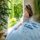 Off The Shoulder Sky Blue Quinceanera Dress For Sweet 16 Applique Lace Beaded Crystal Tull Graduatin Party Prom Dress vestidos