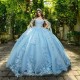 Off The Shoulder Sky Blue Quinceanera Dress For Sweet 16 Applique Lace Beaded Crystal Tull Graduatin Party Prom Dress vestidos