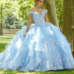 Off The Shoulder Sky Blue Quinceanera Dresses Ball Gown Princess Sparkly Beads Redtie Tull Sweet 16 Dress Vestidos De XV 15 Anos