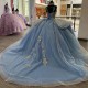 Off The Shoulder Sky Blue Quinceanera Dresses Tulle Appliques Beading Pearl Lace Up Vestidos De 15 Anos 2024 Princess Ball Gown