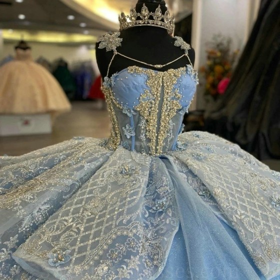 Off The Shoulder Sky Blue Quinceanera Dresses Tulle Appliques Beading Pearl Lace Up Vestidos De 15 Anos 2024 Princess Ball Gown