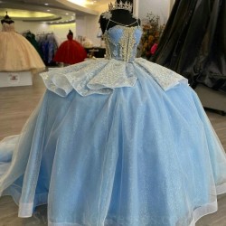 Off The Shoulder Sky Blue Quinceanera Dresses Tulle Appliques Beading Pearl Lace Up Vestidos De 15 Anos 2024 Princess Ball Gown