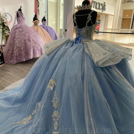 Off The Shoulder Sky Blue Quinceanera Dresses Tulle Appliques Beading Pearl Lace Up Vestidos De 15 Anos 2024 Princess Ball Gown