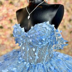 Off The Shoulder Sky Blue Shiny Princess Quinceanera Dresses Ball Gown Applique Lace Beads Floral Sweet 16 Dresses 15 Anos