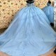 Off The Shoulder Sky Blue Shiny Princess Quinceanera Dresses Ball Gown Applique Lace Beads Floral Sweet 16 Dresses 15 Anos