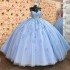 Off The Shoulder Sky Blue Shiny Princess Quinceanera Dresses Ball Gown Applique Lace Beads Floral Sweet 16 Dresses 15 Anos