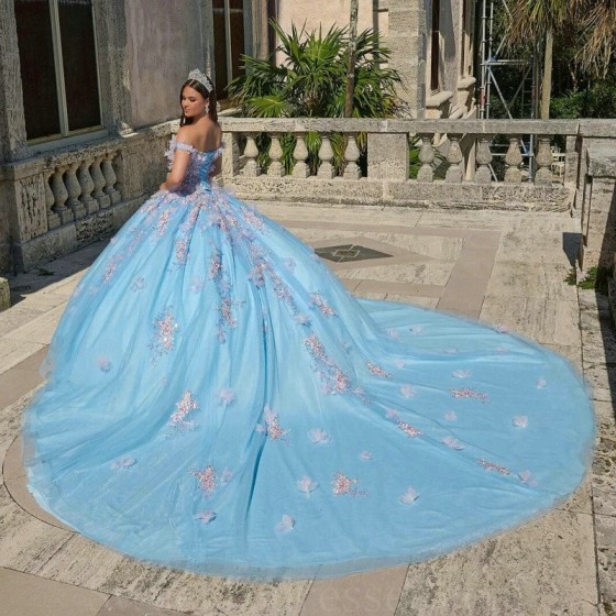 Off The Shoulder Sky Blue Shiny Quinceanera Dress Ball Gown Lace Applique Beading Tull Mexico Sweet 16 Vestidos De 15 Anos