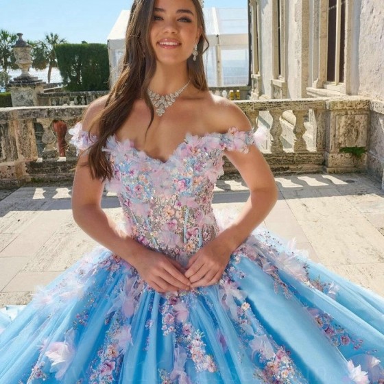 Off The Shoulder Sky Blue Shiny Quinceanera Dress Ball Gown Lace Applique Beading Tull Mexico Sweet 16 Vestidos De 15 Anos