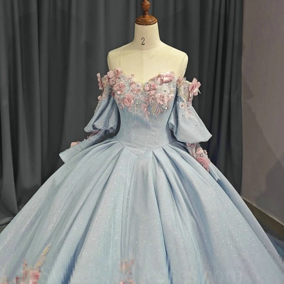 Off The Shoulder Sky Blue Shiny Quinceanera Dress Mexican Vestidos De 15 Princess Applique Flower Beads Sweet 16Birthday XV Ball