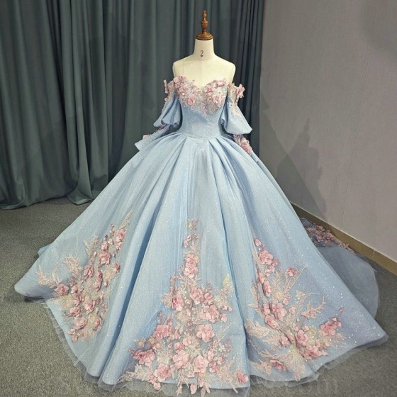 Off The Shoulder Sky Blue Shiny Quinceanera Dress Mexican Vestidos De 15 Princess Applique Flower Beads Sweet 16Birthday XV Ball