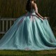 Off The Shoulder Water Blue Shiny Quinceanera Dress Ball Gown Applique Lace Beading Crystals Tull Corset Sweet 16 Vestido De 15