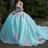 Off The Shoulder Water Blue Shiny Quinceanera Dress Ball Gown Applique Lace Beading Crystals Tull Corset Sweet 16 Vestido De 15